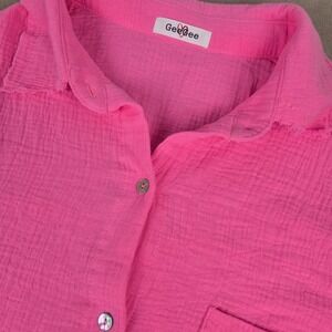 GeeGee Hot Pink Cotton Double Gauze Short Sleeve Button Down Shirt Med Oversized